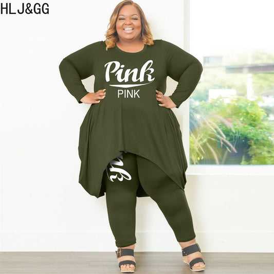 HLJ&GG Plus Size Women Clothing XL-5XL Casual PINK Letter Print Irregular Top + Skinny Pants Two Piece Set Spring Female Outfits