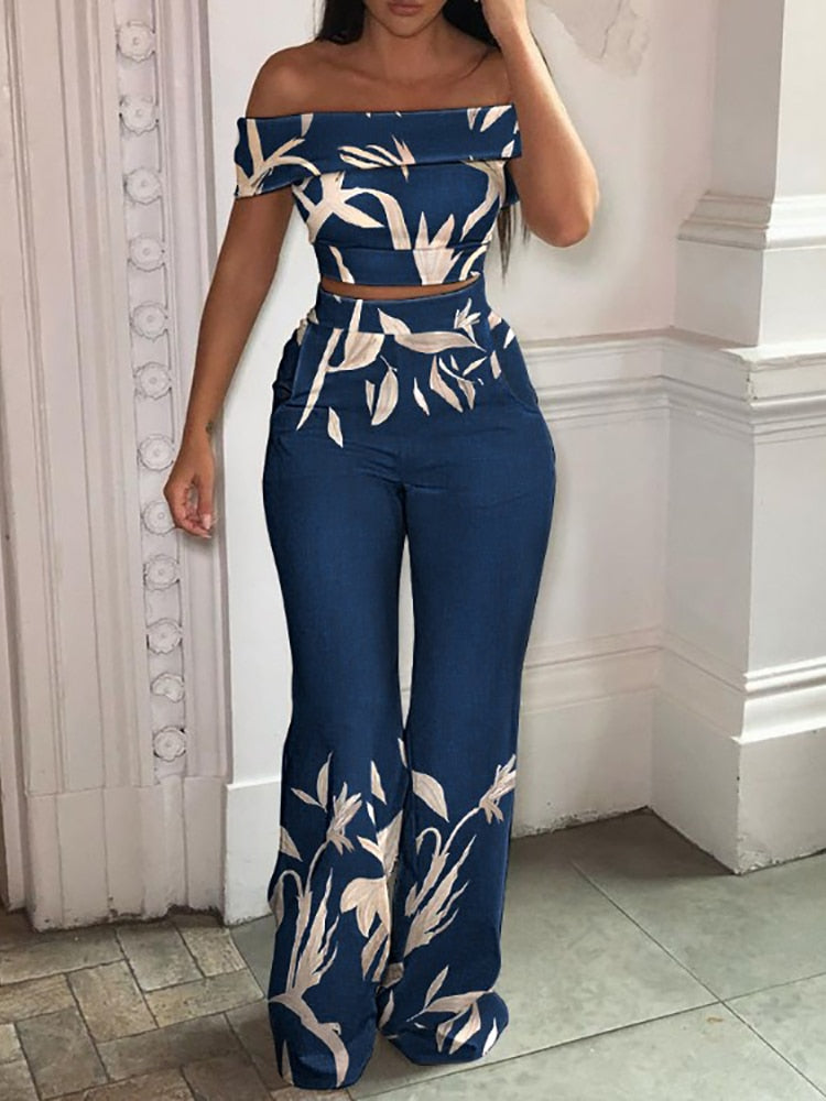 Matching Set Women Slash Neck Pullover Top High Elastic Waist Wide Leg Pants Ladies Outfit Summer Printing Slim Streetwear Suit