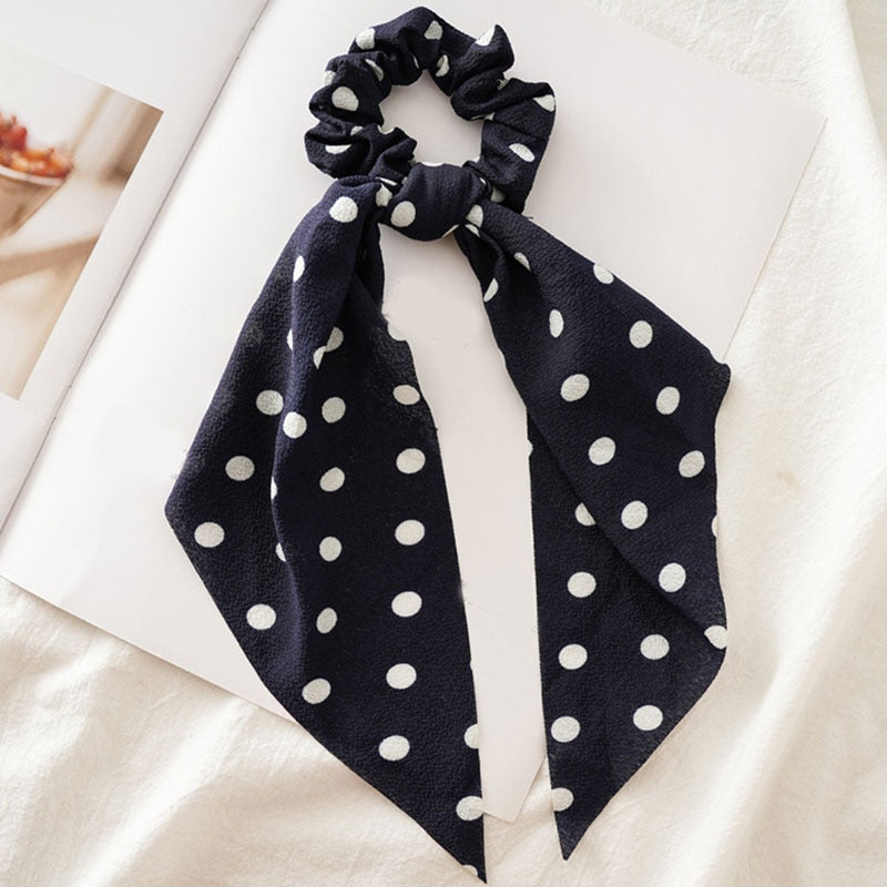 2022 Bohemian Polka Dot Floral Printed Bow Hair Scrunchies  Women Elastic Hair Band Ponytail Scarf Ribbon Hair Ties Accesories