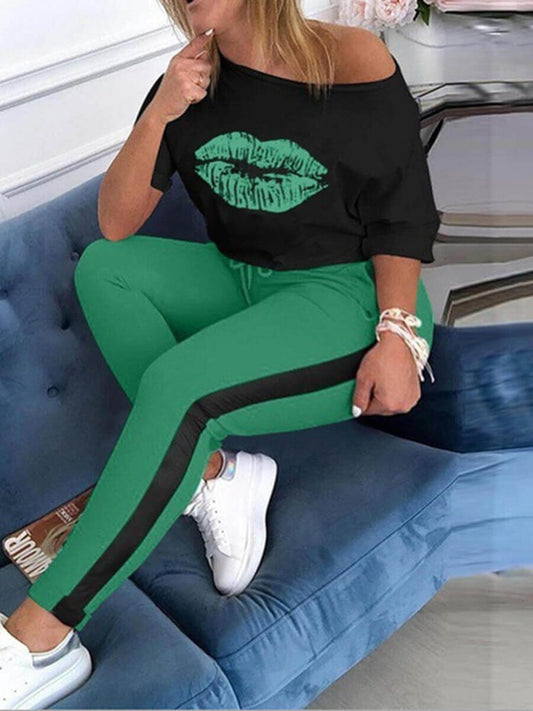 LW Plus Size Two-piece Pants Set Casual O Neck Lip Print Female Polyester Casual Regular Long Sleeve O-Neck Matching Outfits