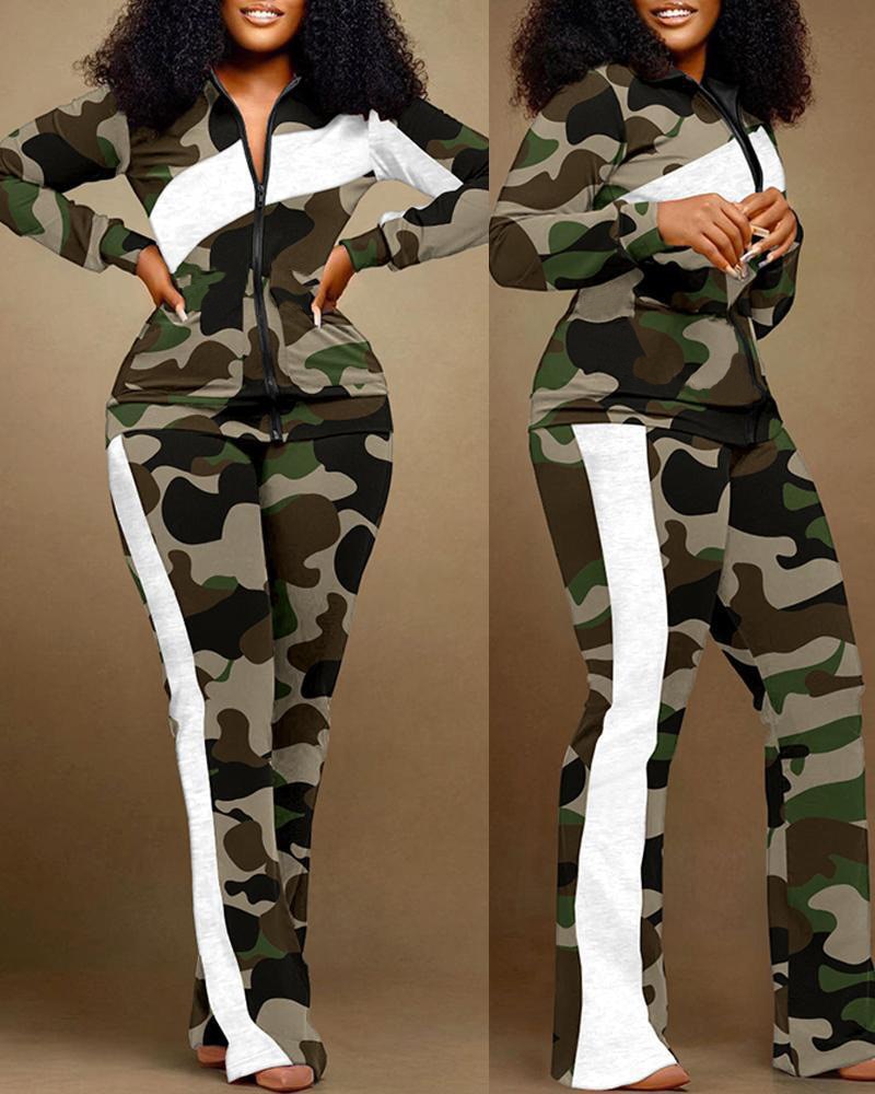 Winter Leisure Sports Style Patchwork Printing Jacket Trousers Two-Piece Women