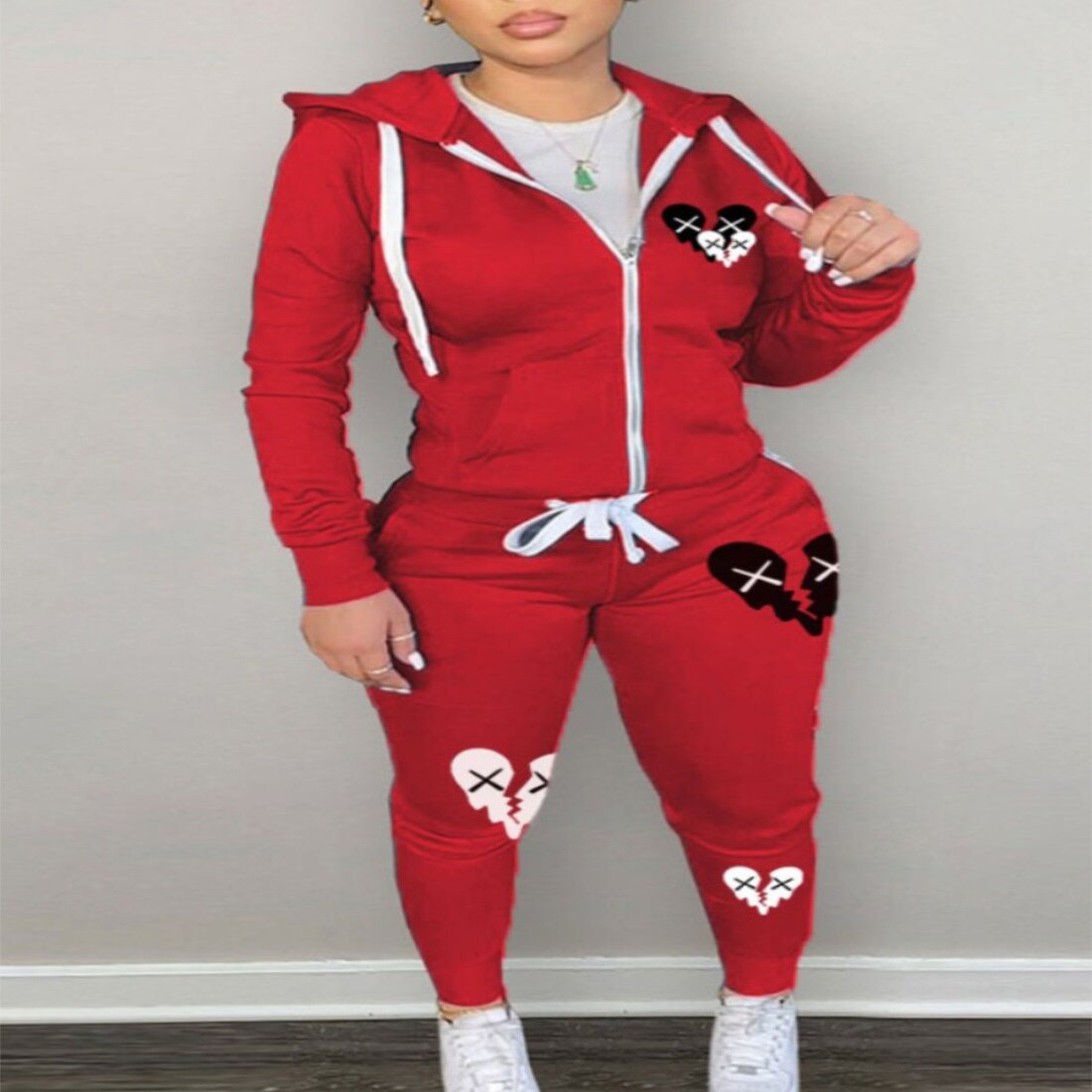 LW Plus Size Sweatshirt Suits COTTON 2PC Autumn 2022 Broken Heart Zipper Up Drawstring Tracksuit Hoodie Jackets+ Pants Suits