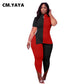 CM.YAYA Women Plus Size Tracksuit Patchwork Short Sleeve O-neck Splited Tops Stretchy Pencil Pants Two 2 Piece Set Outfit Summer