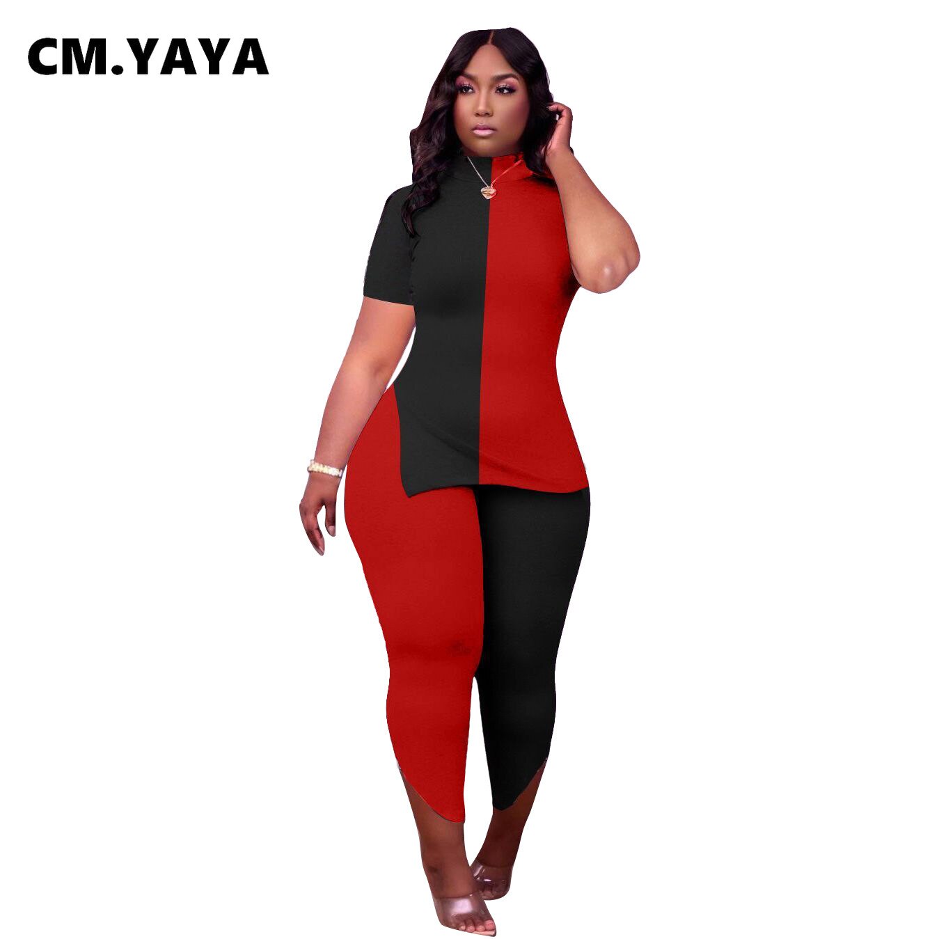 CM.YAYA Women Plus Size Tracksuit Patchwork Short Sleeve O-neck Splited Tops Stretchy Pencil Pants Two 2 Piece Set Outfit Summer