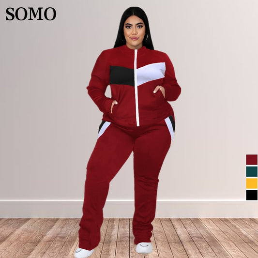 Jogging Sets Tracksuit Women Pants Suits 3xl 4xl 5xl Sexy Patchwork Street Wear O Neck Zipper Top Plus Size Clothing Wholesale