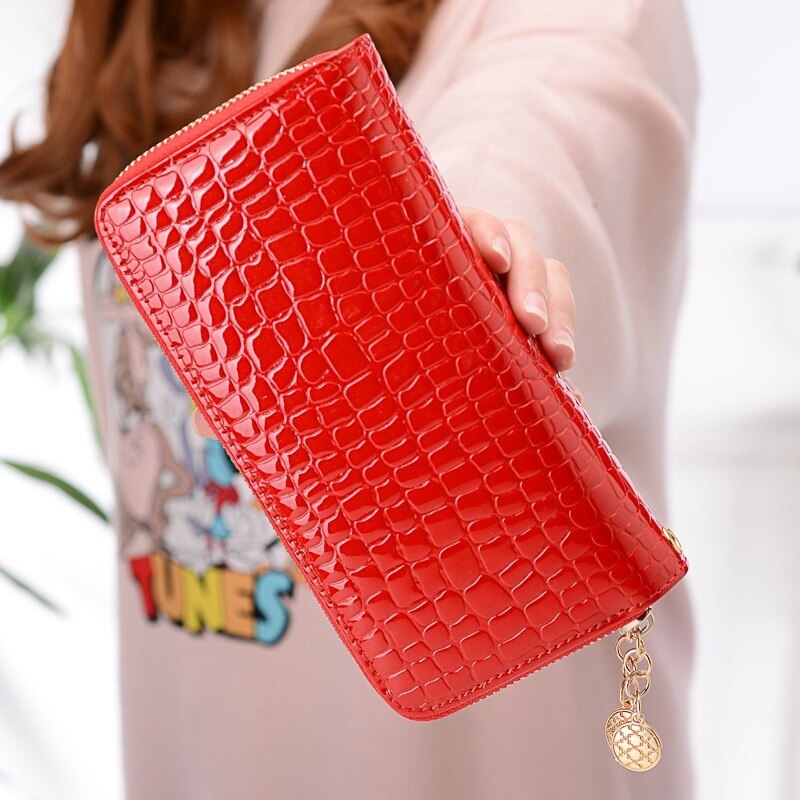 Femalelong Purse Fashion Bright Lacquered Coin Handbag Solid Color Double Zipper Larger Capacity Card Stone Pattern Long Wallet