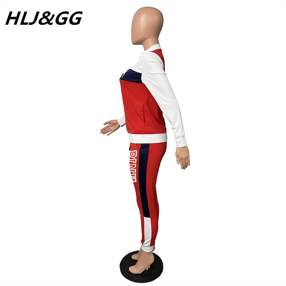 HLJ&amp;GG Casual Sporty Two Piece Sets Women Zipper Long Sleeve Top + Jogger Pants Tracksuits Spring PINK Letter Print 2pcs Outfits