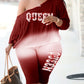 LW Plus Size Queen Pink Gradient Letter Print Pants Set One Shoulder Tee And Sheath Stretch Trousers Matching Outfits For Women