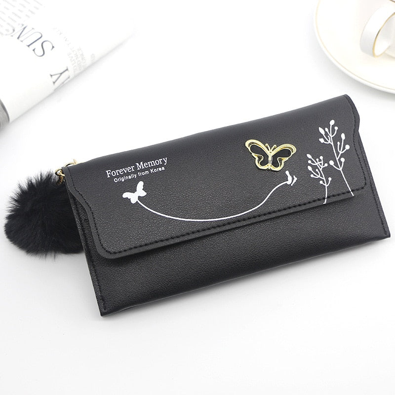 New Fashionable Women Long Wallets Pure Color Wool Ball Bow Clutch Bag Card Bag Coin Purse Standard Wallets PU Solid Polyester