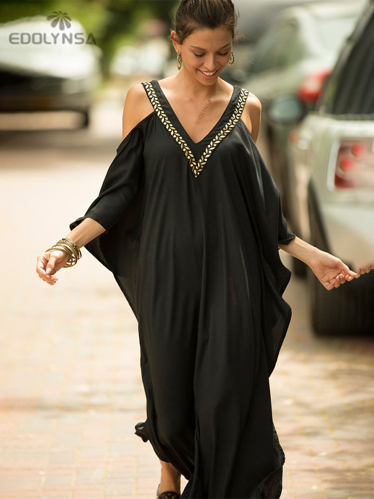 2023 Sexy Cold Shoulder V Neck Bats Sleeve Loose Summer Beach Dress Plus Size Women Beachwear Kaftan Black Dresses Q943