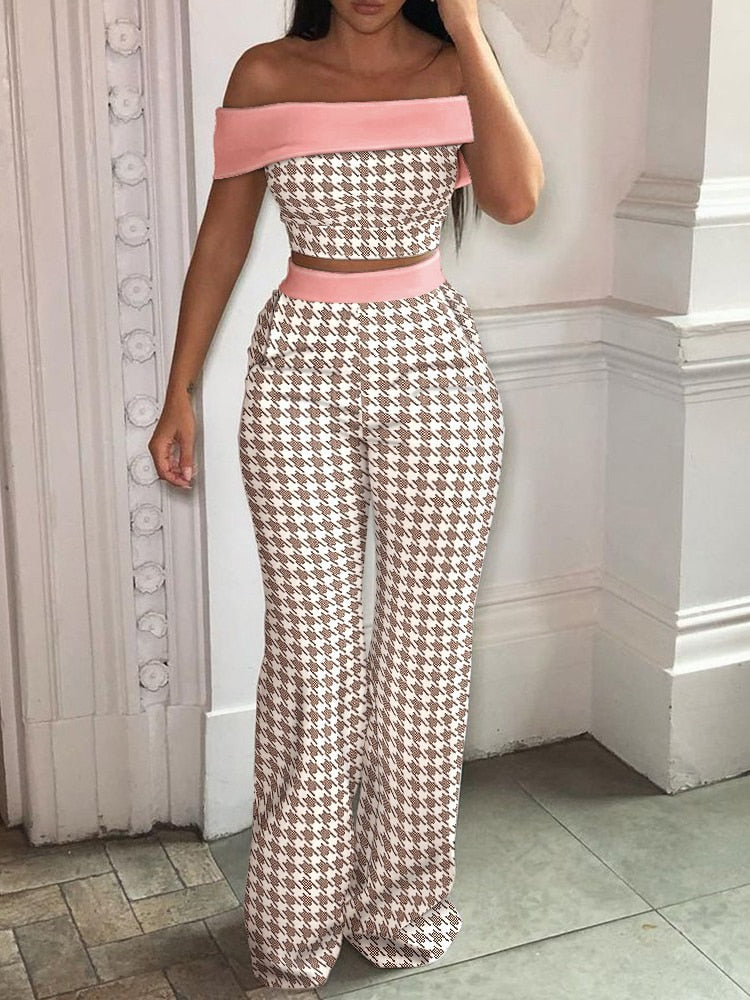 Matching Set Women Slash Neck Pullover Top High Elastic Waist Wide Leg Pants Ladies Outfit Summer Printing Slim Streetwear Suit