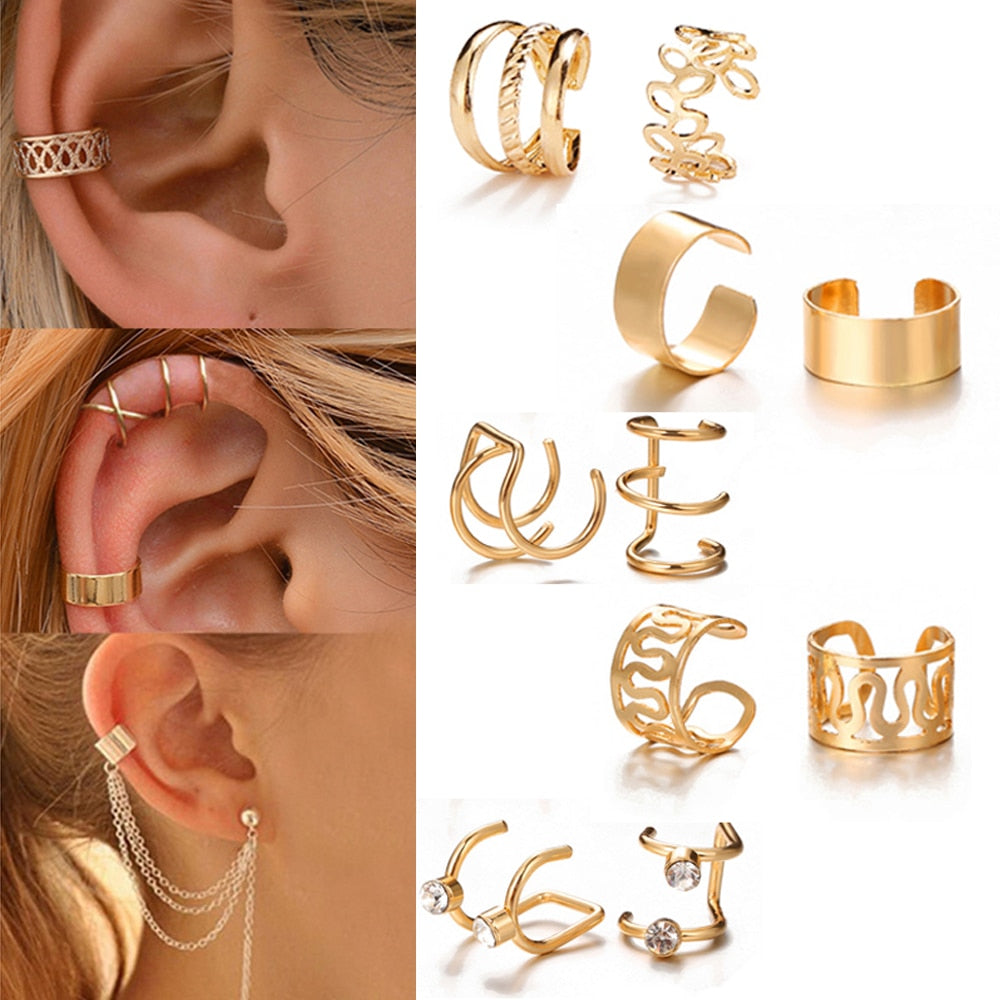 LATS Gold Color Leaves Ear Cuff Black Non-Piercing Ear Clip Earrings for Women Men Fake Cartilage Earring Cuff Jewelry Wholesale