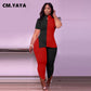 CM.YAYA Women Plus Size Tracksuit Patchwork Short Sleeve O-neck Splited Tops Stretchy Pencil Pants Two 2 Piece Set Outfit Summer