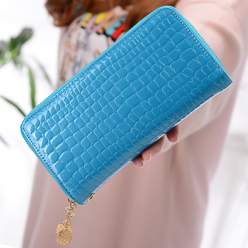 Femalelong Purse Fashion Bright Lacquered Coin Handbag Solid Color Double Zipper Larger Capacity Card Stone Pattern Long Wallet