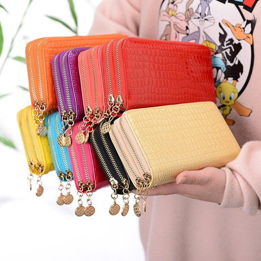 Femalelong Purse Fashion Bright Lacquered Coin Handbag Solid Color Double Zipper Larger Capacity Card Stone Pattern Long Wallet