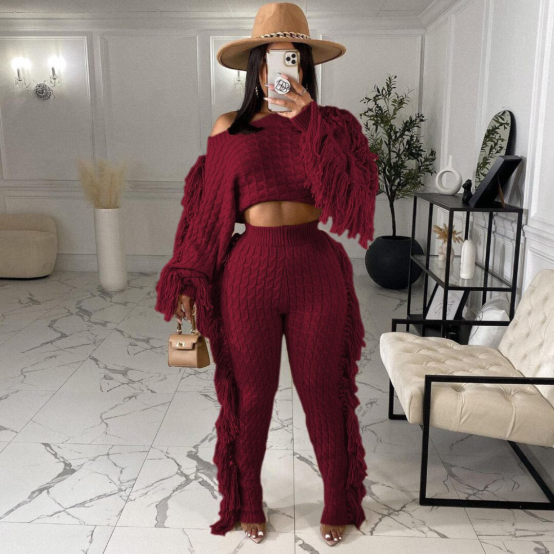 Echoine Solid Tassel Fringe Patchwork Short Sweater Top Knitted Two piece Set Pants Set Warm Thick Outfits Women Winter Clothing