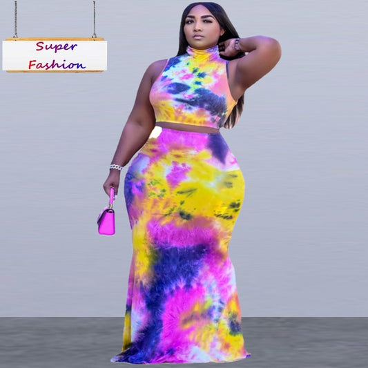 XL-5XL Plus Size Sets Women Clothing Summer 2021 Sexy Tie Dye Sleeveless Top And Long Skirt 2 Two piece set dress suit Wholesale