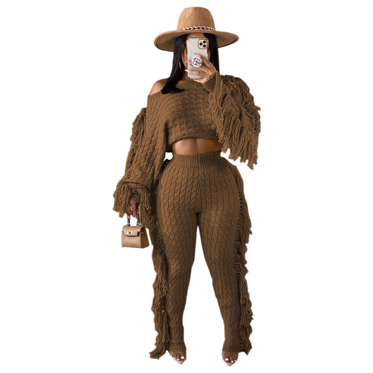 Echoine Solid Tassel Fringe Patchwork Short Sweater Top Knitted Two piece Set Pants Set Warm Thick Outfits Women Winter Clothing